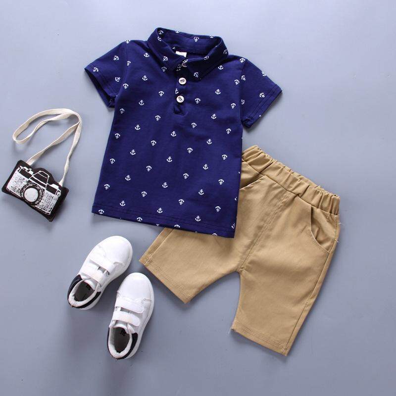 Musim Semi Anak Laki-laki Polo Kaus Anak Laki-laki Setelan untuk Anak Pakaian Set Anak-anak Kaus + Celana Pendek 2 Pcs Biru Putih-Internasional