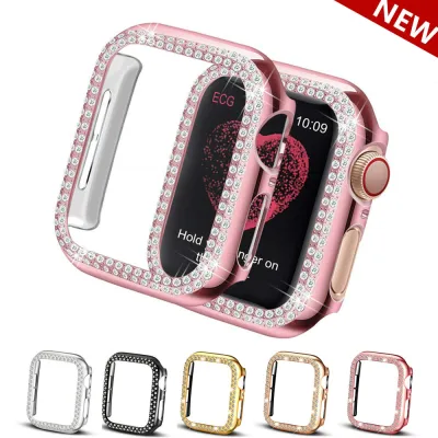 Double Rows Diamond Watch Case for Apple Watch Case 38mm 42mm 40mm 44mm Band PC Screen Protector Cover for Apple Watch Series 6 5 4 3 2 1