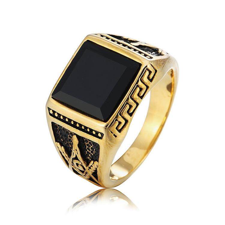 Eropa dan Amerika Gaya Punk Gothic Retro Gemstone Onyx Hitam Pria Baja Titanium Cincin, AS Ukuran: 11, diameter: 20.7 Mm, Perimeter: 65 Mm (Gold)-Internasional