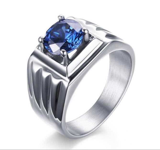 Mode Pria Perhiasan Anti Karat Biru Zirkon Lempar Tinggi Dipoles Cincin-Internasional