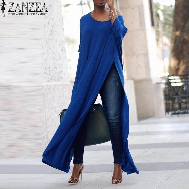ZANZEA Three Quarter Sleeve Oblique Collar Split High Pullover Shirt Top Lady Autumn Solid Casual Party Club Fashion Blouse Blue