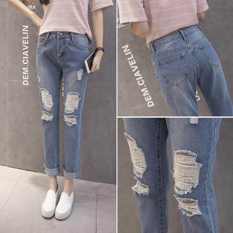 Wanita Ripped Boyfriend Jeans Denim Sembilan Celana-Internasional