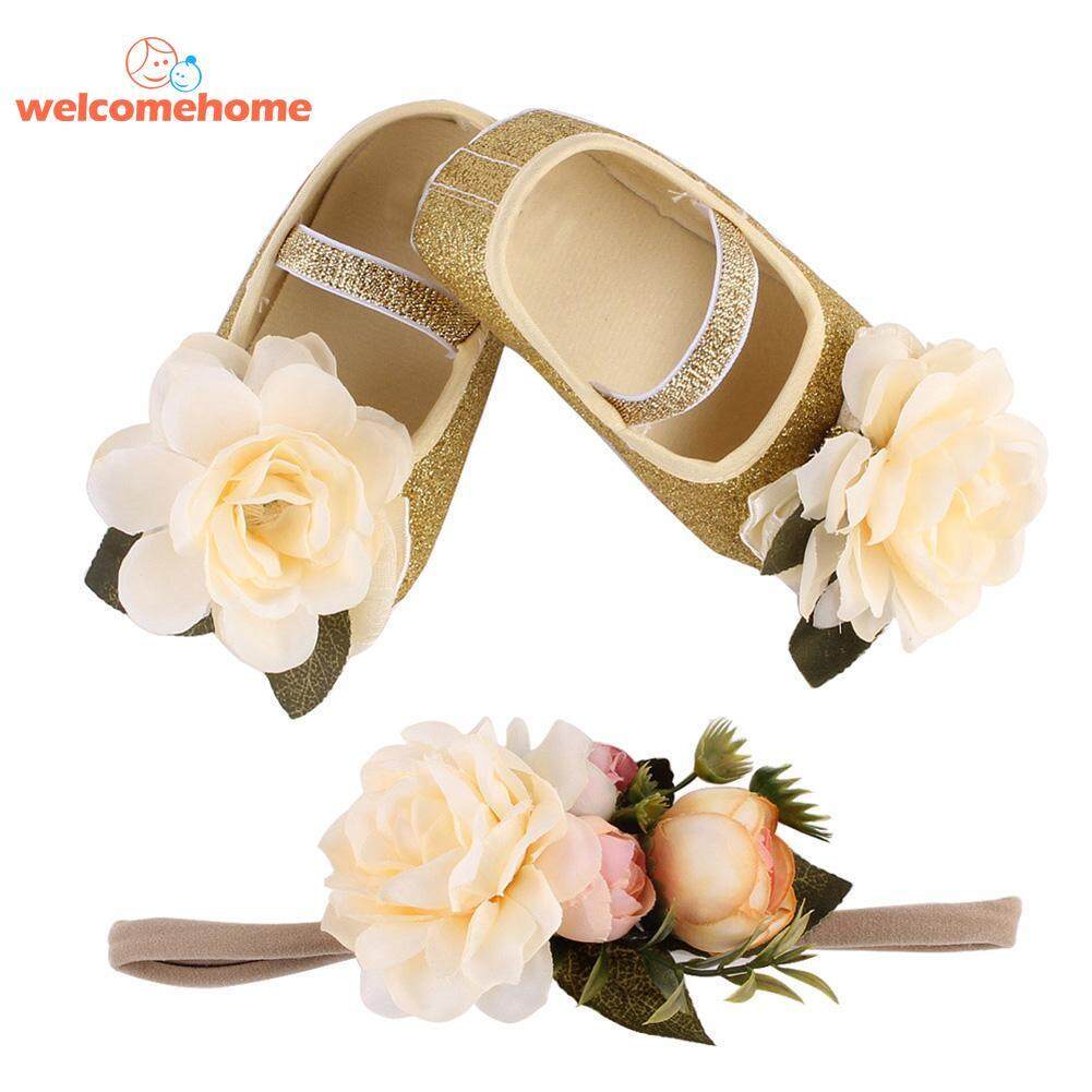 2 Pcs Prewalker Bayi Berkilauan Bunga Elastis Lembut Sepatu Hiasan Kepala Karet Rambut-Internasional