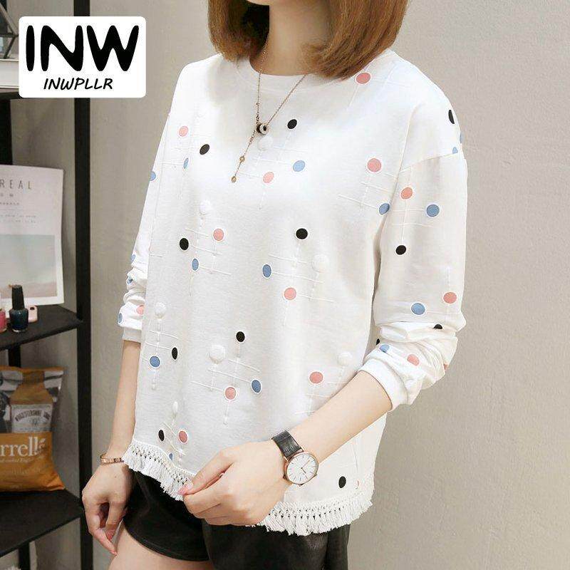 INWPLLR New Korean Style Womens Autumn Top T-shirt Fashion Print Tops Tees Casual T shirt Ladies Bottom Tassel Women Tshirts