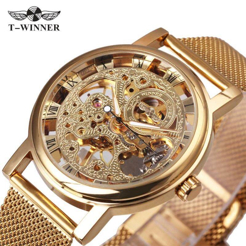 WINNER NEW Ultra Thin Luxury Golden Men Mechanical Watch Mesh Strap Skeleton Dial Middle Age Roman Design Style Best Gift Malaysia