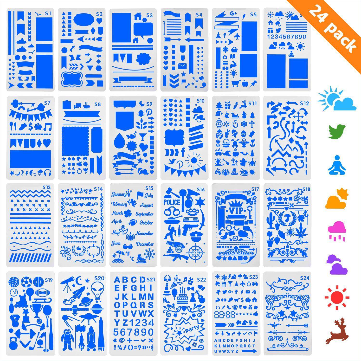 cushan 24pcs Bullet Journal Stencil Painting Shapes Letter Journaling Set DIY Drawing Template Stencil 4x7Inch - intl