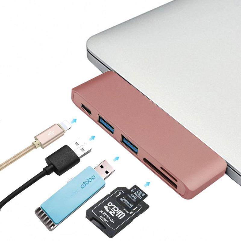 qoovan Aluminum Type-C USB 3.0 Pro Hub Adapter For SD TF Card Reader Charging Port Notebook Converter, HUB PD USB Interface 5 In 1 Type C USB C For Laptops (Rose Gold)