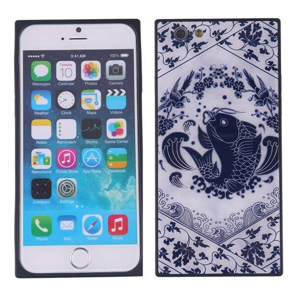 China Style Square Glass Phone Case Blue and White Porcelain Phone Shell for iPhone 6S Plus (Leaping Fish)