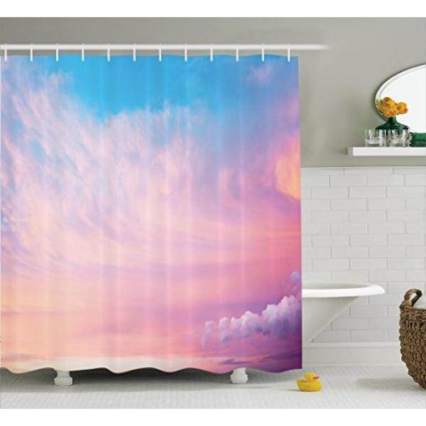 Ambesonne Apartment Decor Collection, Mystical Sky with Fluffy Clouds Heavenly Inspirational Hope Pastel Colored Nature Theme, Polyester Fabric Bathroom Shower Curtain, 75 Inches Long, Pink Blue - intl