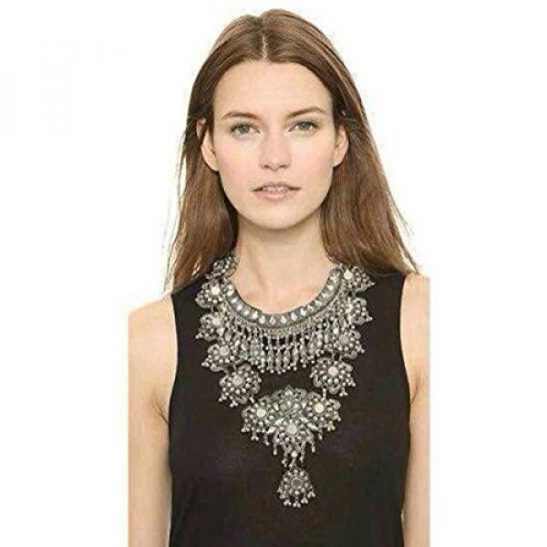 Zhenhui Modis Antik Perak Gold Suara Panjang BoHo Pernyataan Kalung Trendi Bohemian Turki untuk Wanita Aksesoris dari Perhiasan India (hitam) -Internasional