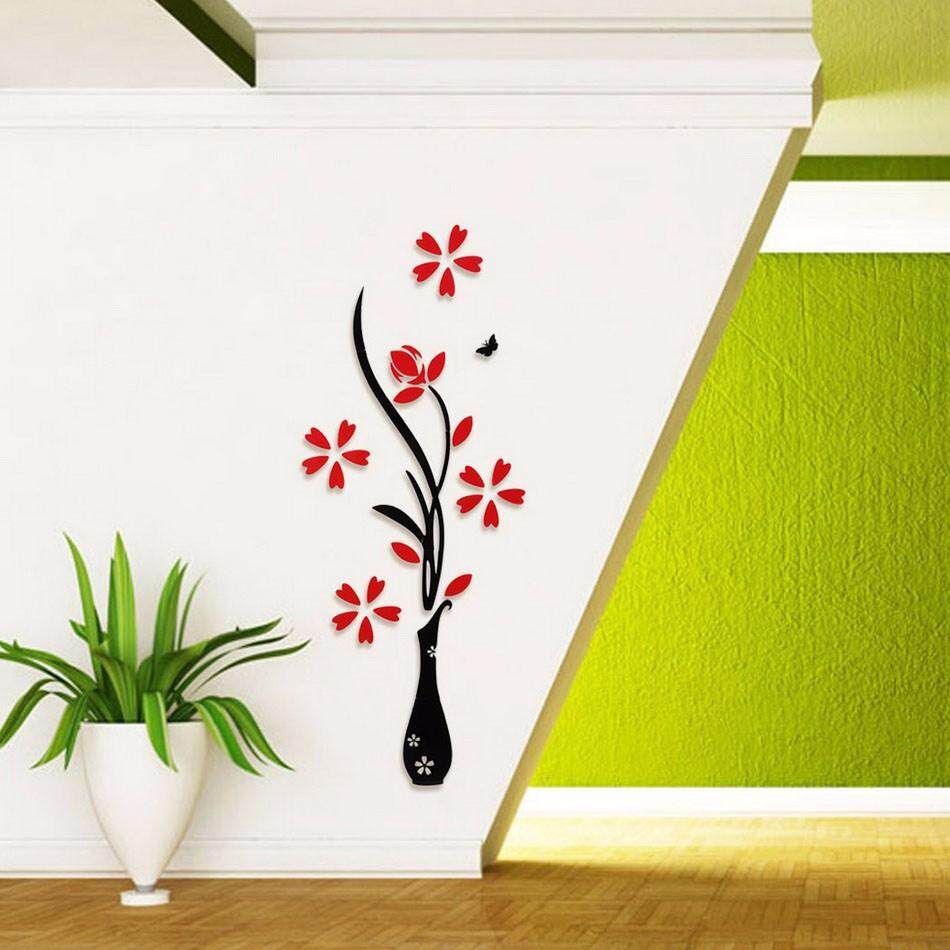 Vase plum 3d crystal stereo wall sticker living room sofa TV background wall entrance decoration # XS - intl