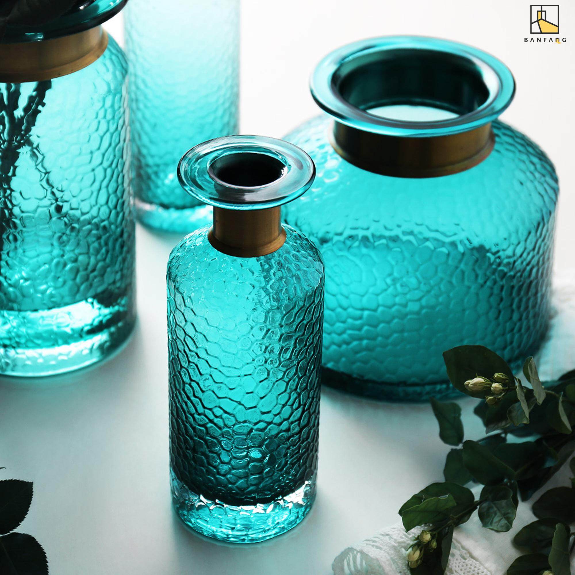 BANFANG Blue hammered gold-plated glass vase antique American plant hydroponic flower vase with delicate dried flower vase