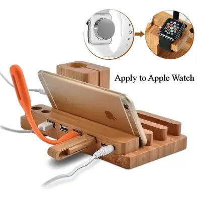 Bamboo Charging Station, Apple Watch Charging Stand 100% Natural Wooden 4 in 1 iPhone iPad iPod Apple Watch USB 4 Port Micro HUB Charging Stand Station Dock Platform Cradle Holder for Apple iPhone Watch Charger Cradle for Most Smartphones by Metoke - intl