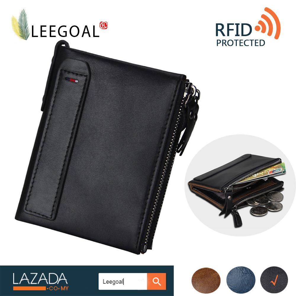 leegoal Men RFID Blocking Wallet Genuine Leather Double Zipper Bifold Wallet -Coin Card Holder