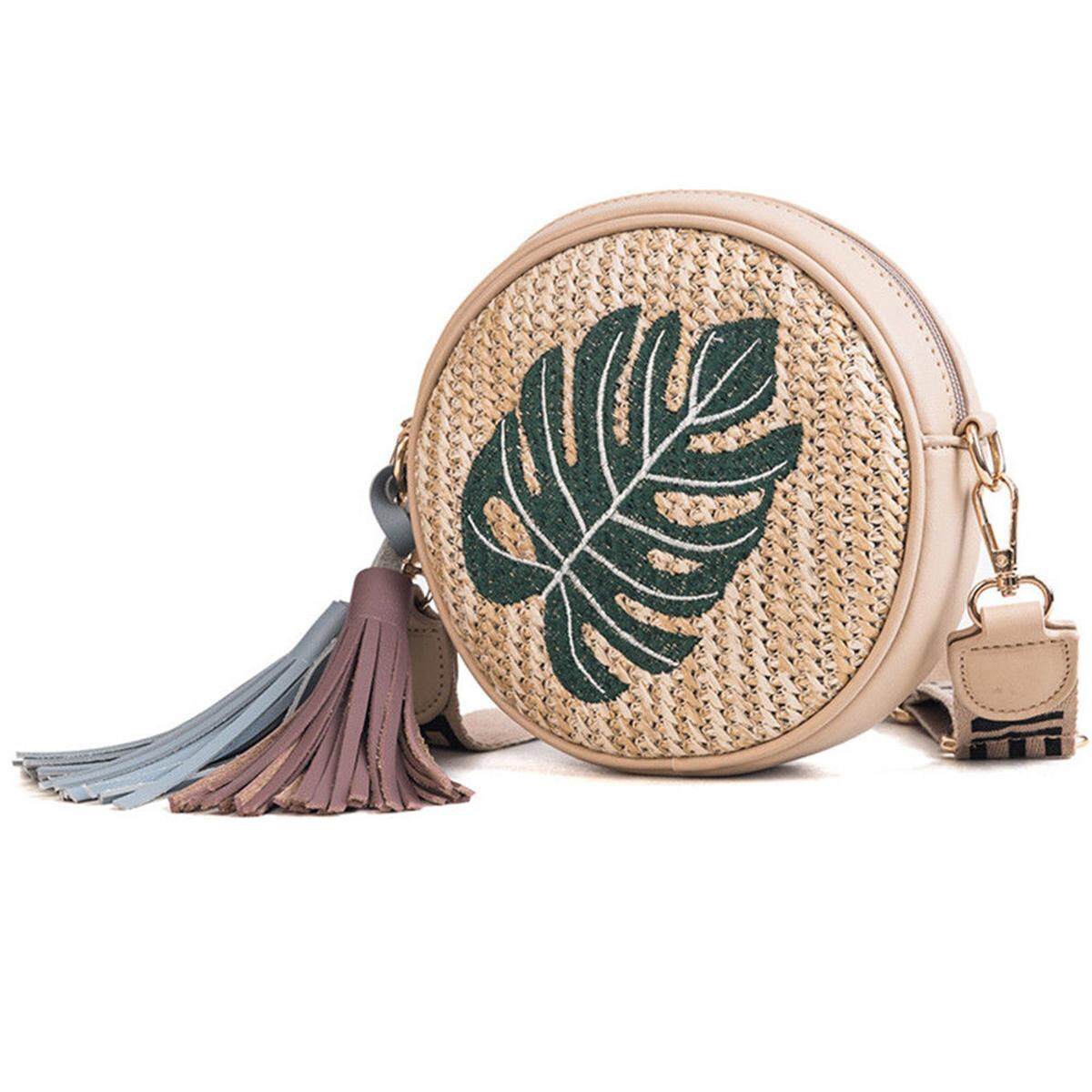 【Free Shipping】Women Pineapple Tassel Round Straw Rattan Beach Shoulder Bag Lady Travel Handbag