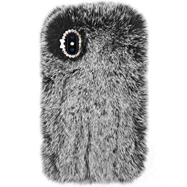 IPhone X Case, crosspace IPhone10 Case Potongan Pas Badan BLING Berlian Mewah Musim Dingin Lembut Hangat Bulu Kelinci Palsu Fuzzy Mewah dengan Kristal Lucu Pelindung Penutup Belakang untuk Apple iPhone 10 (2017) -Abu-abu-Intl
