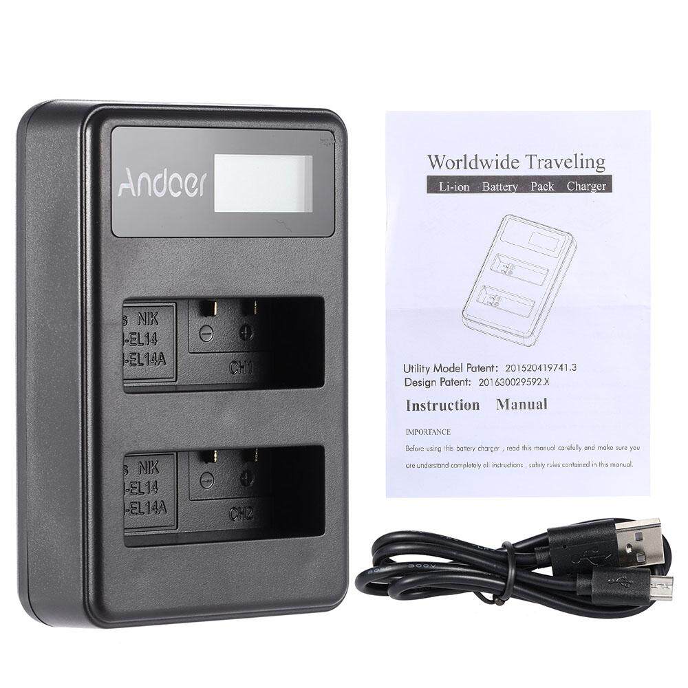 Andoer EN-EL14 EN-EL14A Isi Ulang Paket Charger Layar LED 2-Slot Kabel USB Perlengkapan Untuk Nikon D3100 D3200 D3300 D5100 D5200 D5300 D5500 DF Coolpix p7000 P7100 P7700 P7800 DSLR Kamera-Internasional
