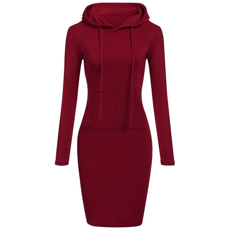 Kuhong Women Simple Big Pocket Pure Color Long Sleeve Leisure Slim Hooded Sweater Dress
