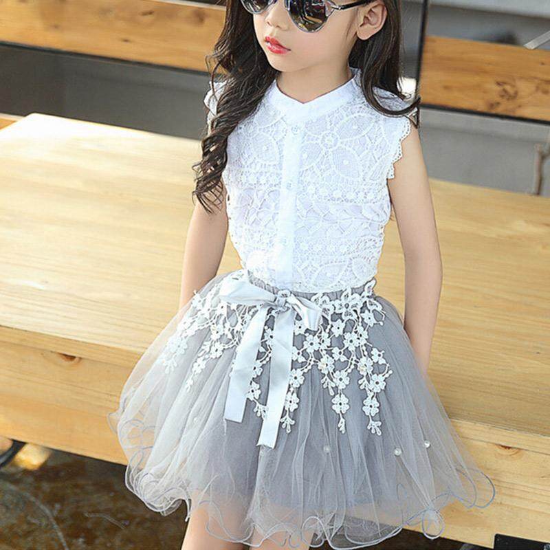 Toddler Kids Girls Collar Sleeveless Denim Shirt Tulle Lace Skirt Set 2Pcs Summer Clothes Sets