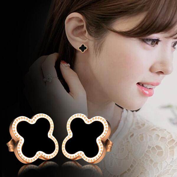 Nuo Cinta Korea Modis Mawar Emas Empat Daun Semanggi Anting Wanita Temperamen Anting-Anting Hitam Hari Valentine Ulang Tahun Pacar Hadiah model Hitam Sepasang Harga (Putih Bagian Harga) -Internasional