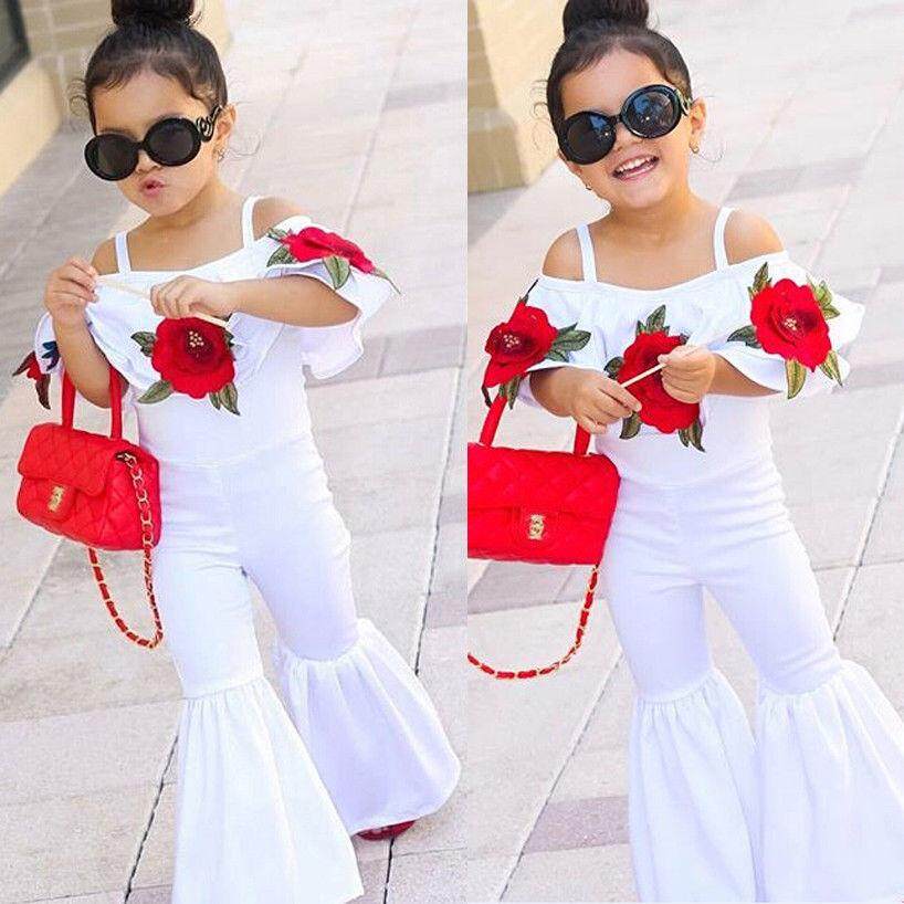 Bunga Bayi Gadis Baju Monyet Jumpsuit Bodysuit Lonceng Bawah Celana Anak-anak Pakaian