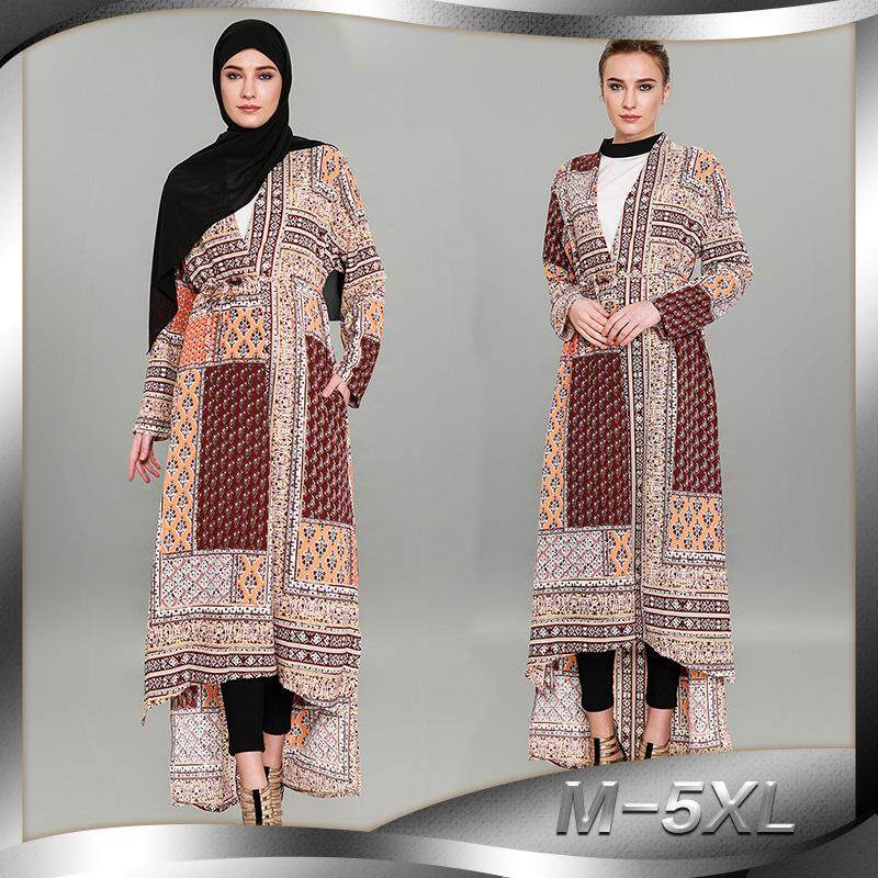 2018 Baru Timur Tengah Fashion Muslim Panjang Jaket Longgar Cetak Besar Lengan Panjang Antik Gamis 9051