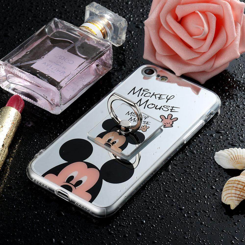 AKABEILA Painted Ring Buckle Mirror Phone Cases For Apple iPhone 7 Plus iPhone7 Plus A1661 A1784 iPhone 7 Pro 5.5 inch Plating TPU Frame+Mirror Cover Protective Mickey Hello kitty Cartoon style Clear Color Mirror Cover Phone Back Plastic Cases