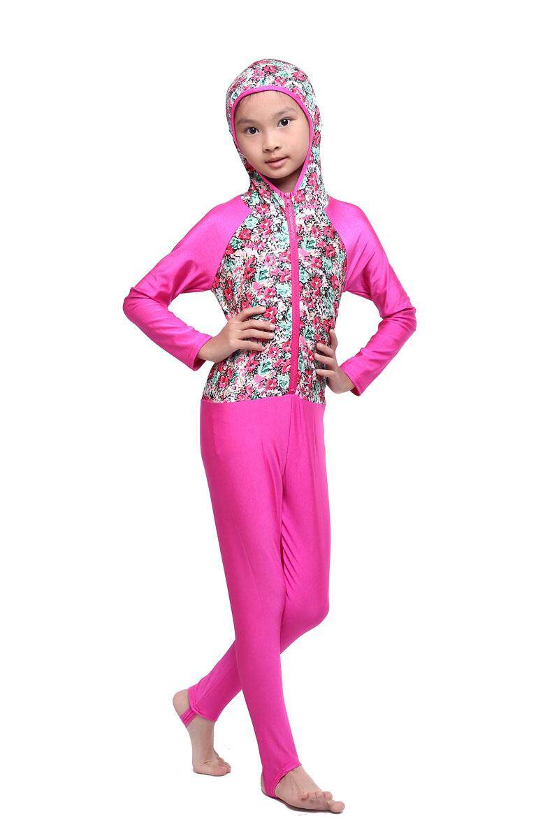Gadis Anak-anak Bayi Satu Kepingan Muslim Burkini Baju Renang dengan Tutup dan Lengan Panjang Islam Perempuan Panjang Lengan Baju Renang Biru Pantai berselancar Memakai Renang Setelan Mawar Merah Mandi Cocok untuk Gadis Muda-Internasional
