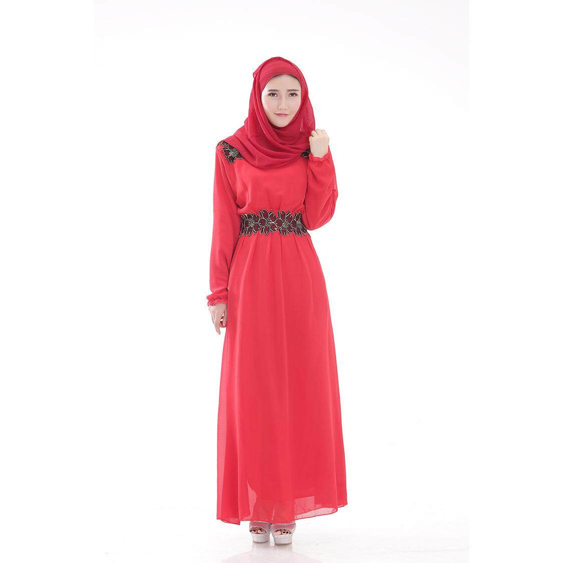 Womens Malaysia Wear Muslimah Dress Long Sleeves Round Collar Plain Traditional Style Chiffon Long Dress Moslem Islam Dress - intl