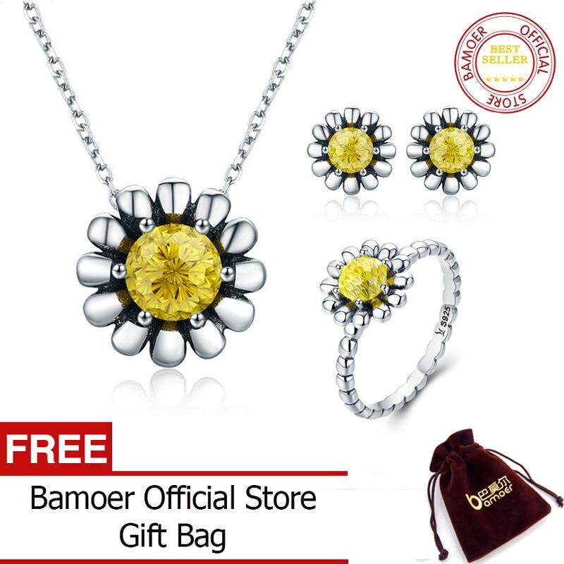 Bamoer Otentik 100% 925 Sterling Perak Bunga Aster Bunga Kuning CZ Anting-Anting Kalung Perhiasan Set Perhiasan Perak Sterling ZHS048