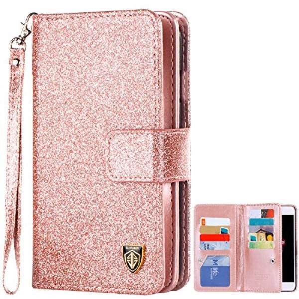 IPhone 8 Case iPhone 7 Case, bentoben Glitter Berkilau Mengkilap Lucu Mengkilap Kulit Palsu PU Flip Dompet Folio Penutup Pelindung Slot Kartu Kredit Pemegang Uang Tunai Gelang Magnetik Kancing Jepret, mawar Emas-Intl
