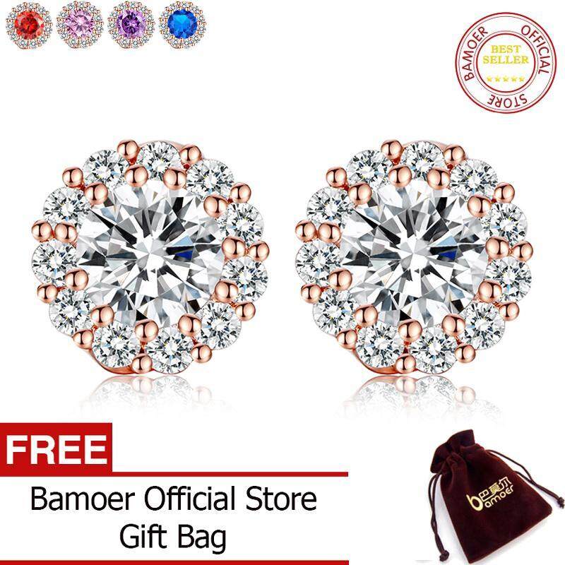 BAMOER Free Shpping Romantic Genuine 18K Gold Plated Round Stud Earrings with AAA Zircon For Women Jewelry Gift JIE054