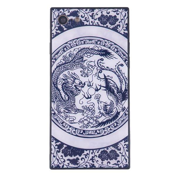 China Style Square Glass Phone Case Blue and White Porcelain Phone Shell for iPhone 7/8 (Dragon and Phoenix)
