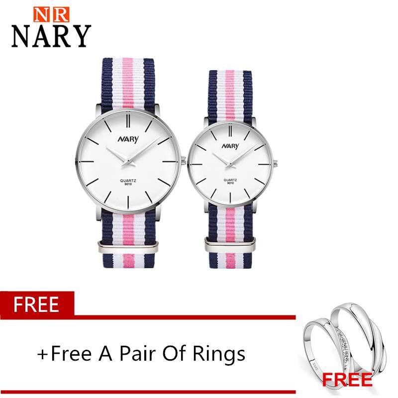 Nary Mewah Baru Mode untuk Wanita Bergaya Strap Nilon Warna Jam Tangan Pria Nomor Romawi Kuarsa Kasual Jam Tangan Pergelangan Populer Jam Tangan Berpasangan Jam Tangan Pasangan Gratis Sepasang cincin