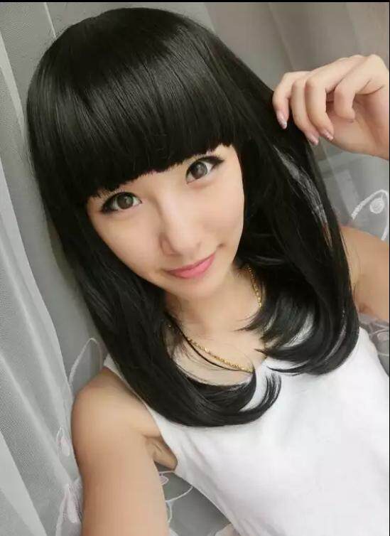 Medium Hair Wig With Short Fringe Ladies Lady Full Wigs Gadis
