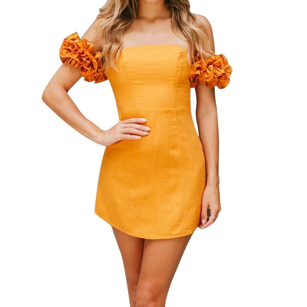 Womens Summer Casual Cold shoulder Solid Fashion Short Mini Beach Dress