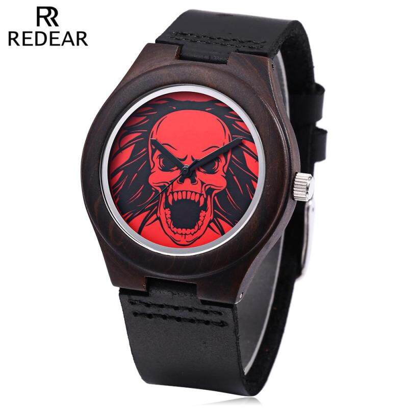 REDEAR Female Quartz Watch Skull Pattern Dial Imported Movt Wooden Case Leather Band Wristwatch Malaysia