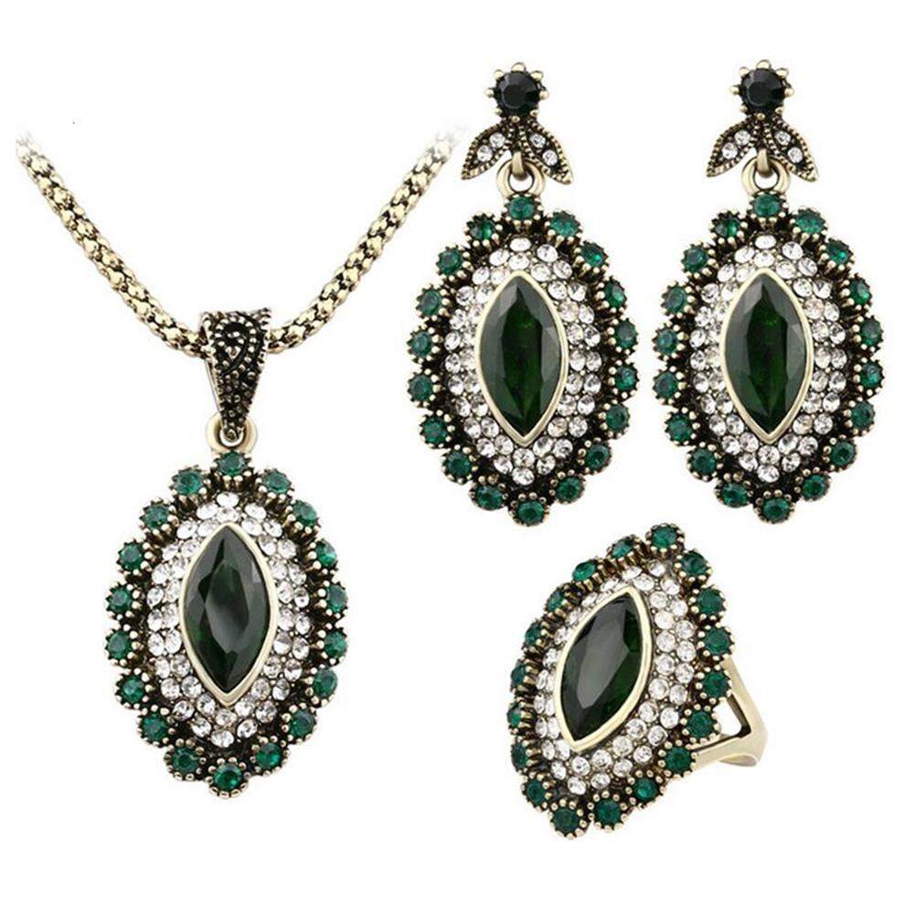 Bintang Mall Retro Modis Wanita Perhiasan Set Mewah Paduan Berlian Buatan Tiga Potong dari Anting-Anting Kalung Cincin Model: hijau-Internasional