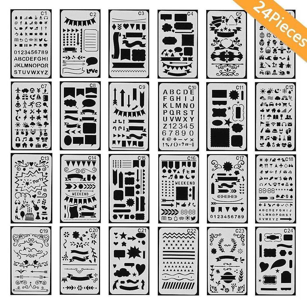 Wuzeyu 24 Bungkus Peluru Journal Stensil Plastik Planner Stencils Journal/Buku Catatan/Diary/Scrapbook Diy Menggambar Template 4X7 Inci-Internasional