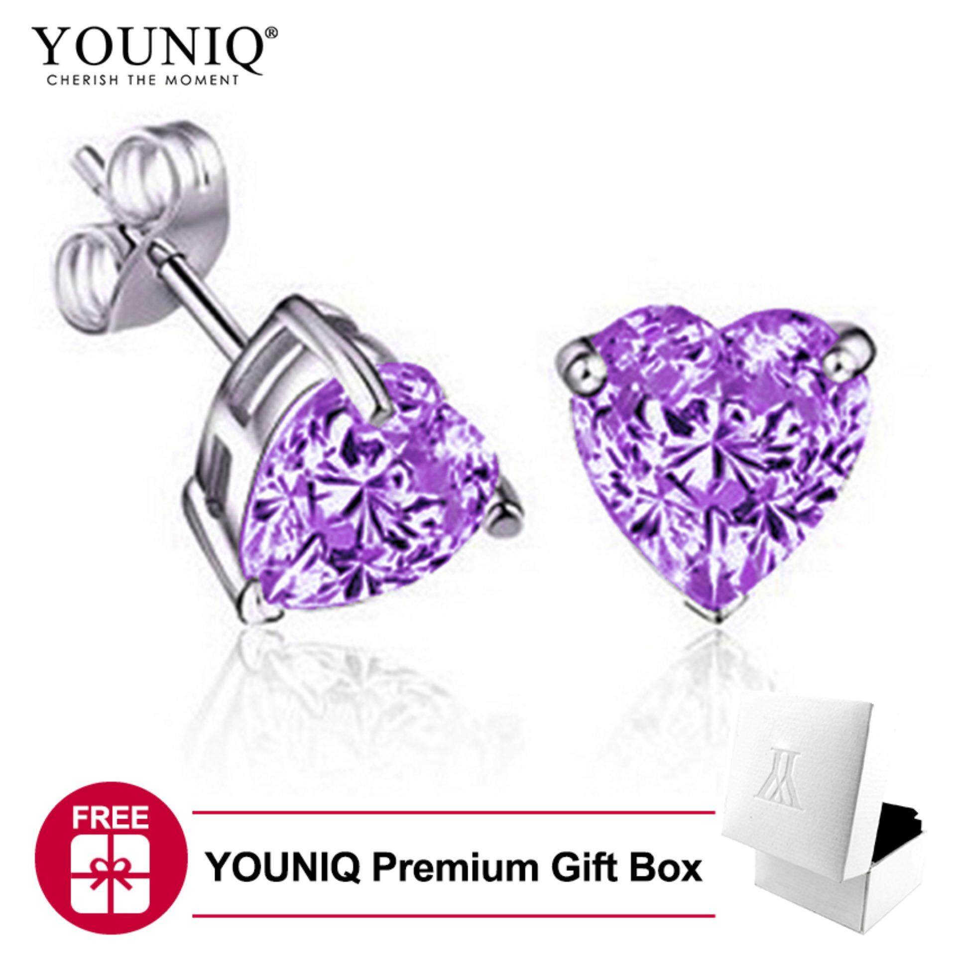 YOUNIQ Heart Love 925 Sterling Silver Earrings with Blue / Purple / White Cubic Zirconia Stone