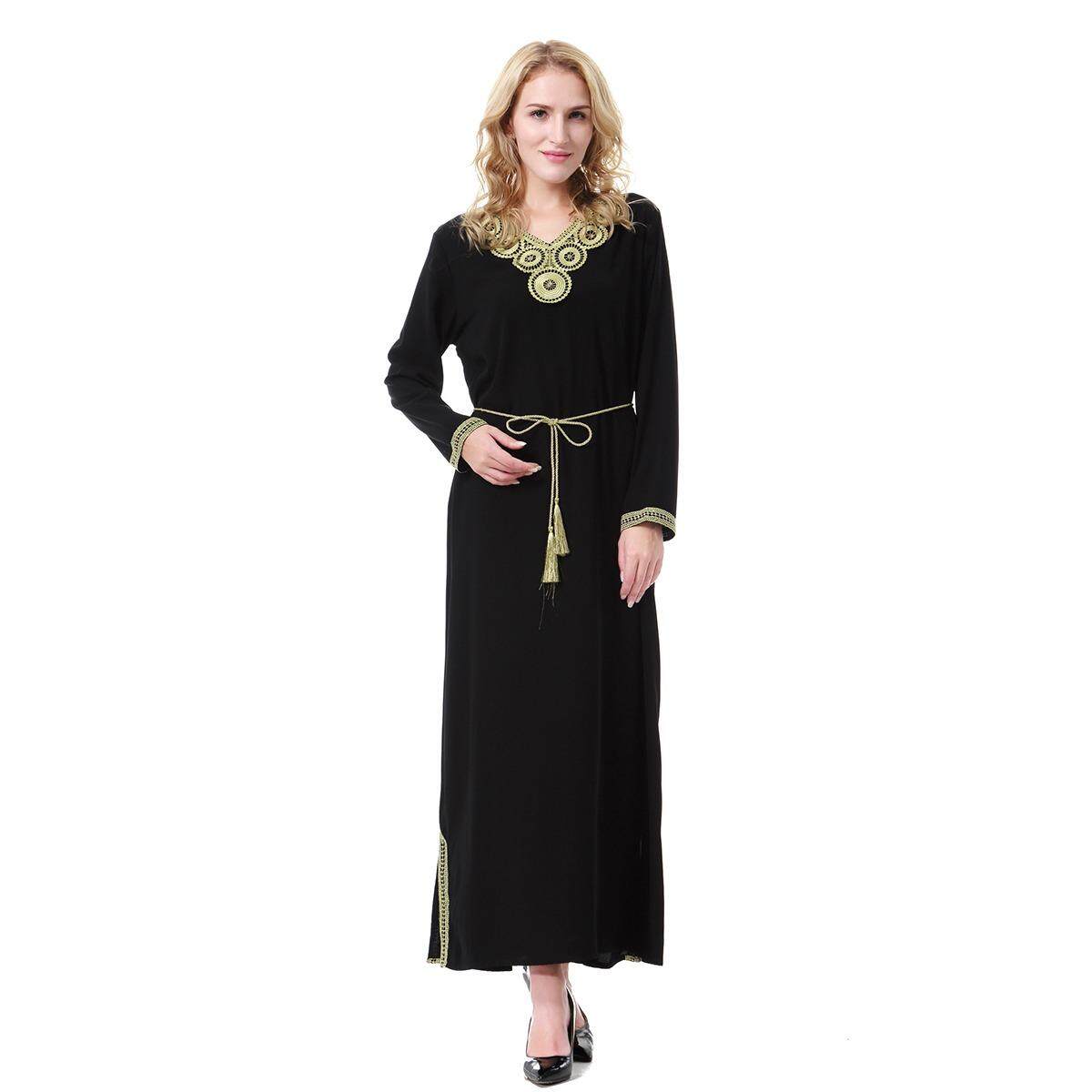 Mode Terkini Busana Wanita Muslim Keemasan Pola Polyester Abaya Kaftan Lengan Panjang Islam Indonesia Gaun Panjang Jubah