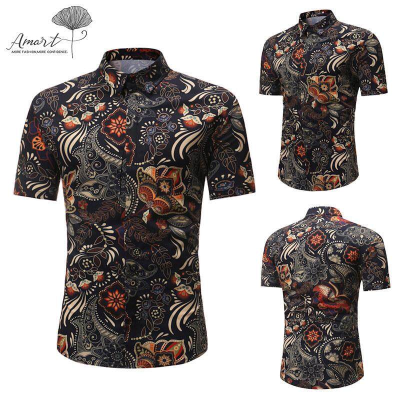 Amart Fashion Men Short Sleeve Shirt Floral Printed Stand Collar Casual Shirts M-3XL