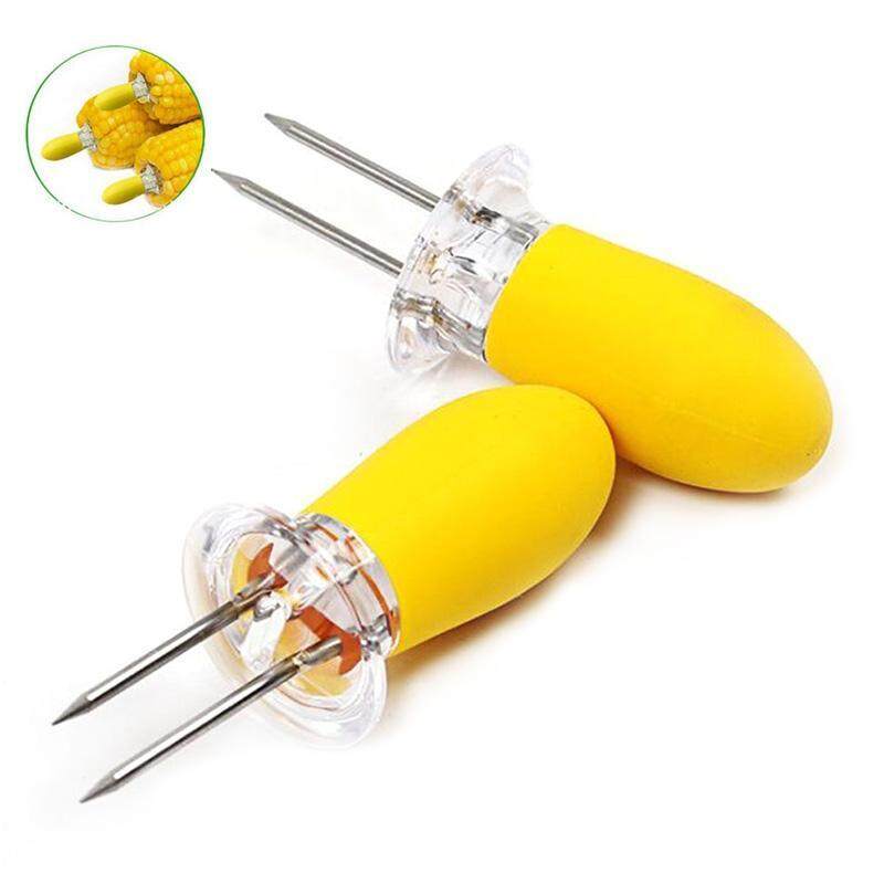 2Pcs Stainless Steel Corn Holders Barbecue Accessories Grill Tools Kitchen BBQ Food Skewers Hot Dog Meat Fruit Forks with Plastic Anti-hot Handle