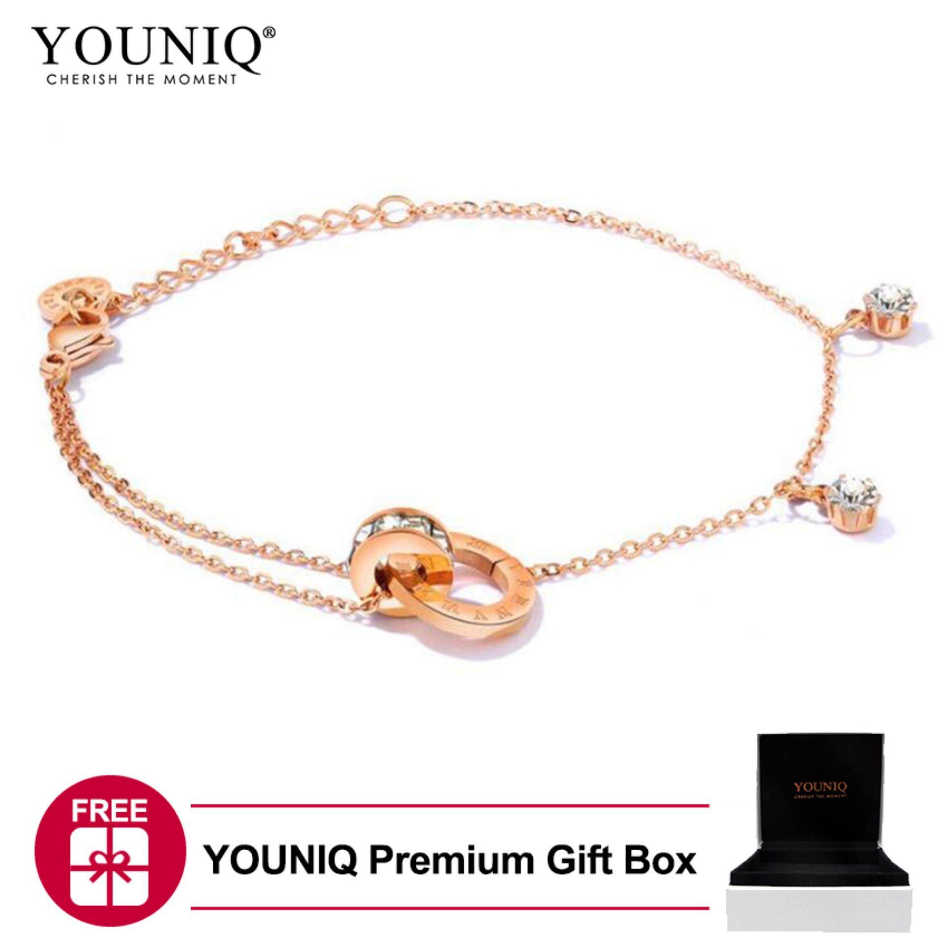 YOUNIQ Connect Dangle 18K Rosegold Titanium Steel Slim Link Chain Ring Bracelet with White Cubic Zirconia Stone