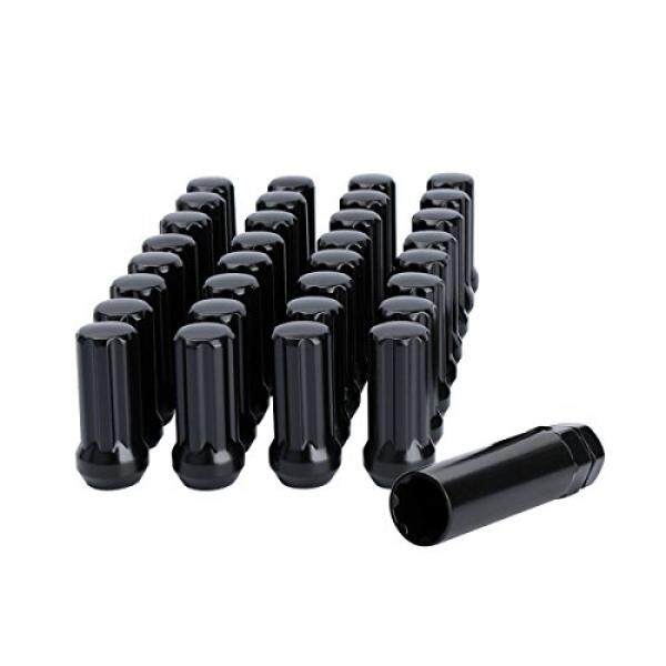 14mmx1. 5 Roda Lug Nuts, 32X Hitam M14x1.5 Lug Kacang, Conical/Cone Bulge Kursi, dynofit Tertutup Akhir Panjang Diperpanjang XL Spline dengan 1 Soket Kunci Cocok Chevy GMC Dodge Ford 8 Lug Roda Setelah Pasar -Internasional