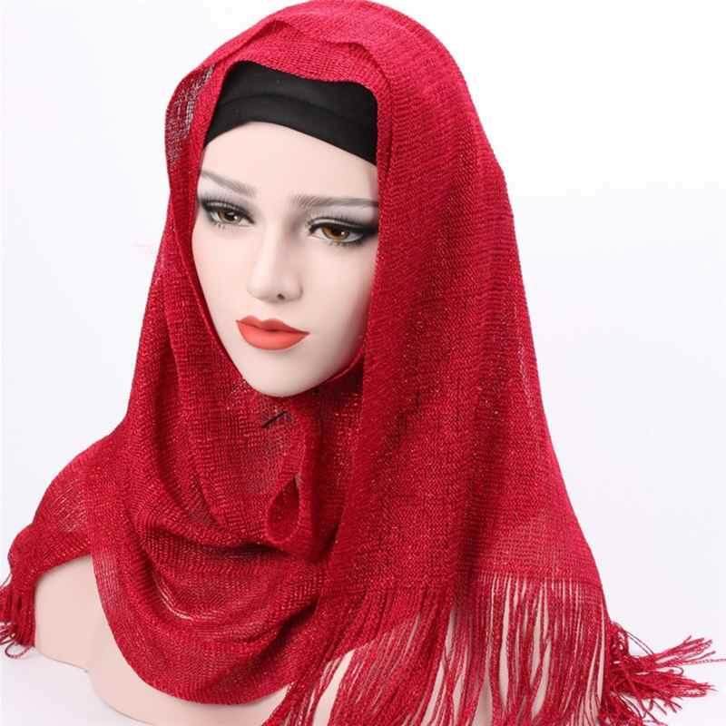 【Yupt】2018 Baru Kualitas Bagus Yang Menarik dan Tahan Lama 7 Warna Muslim Modis Cerah Syal Syal Wanita Ganda-Menggunakan Rumbai piring Scarves Panjang Selendang Jilbab Bling Jilbab-Internasional