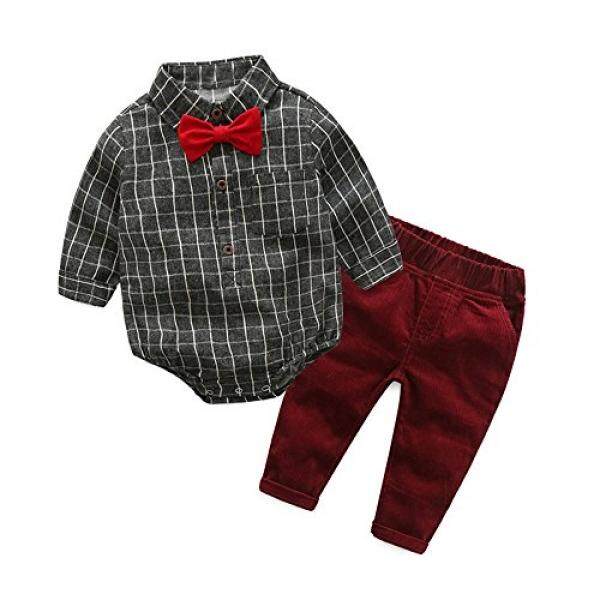 Tem Doger Tem Doger 2Pcs Baby Boys Gentleman Suit Grey Plaid Bowtie Romper Bodysuit Shirt Corduroy Pants Set - intl