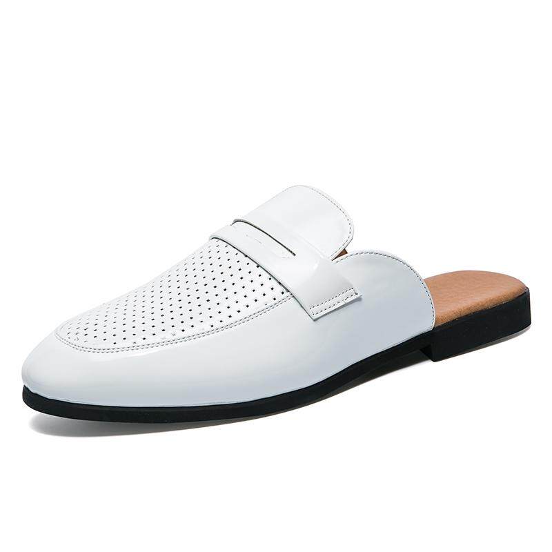 Vintage Men Driving Shoes Summer Backless Dress Loafers Open Backs Shoes Holes Design Slip Ons