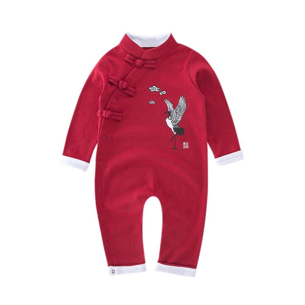 Lucu Modis Uniseks Bayi Gaya Cina Tang Perapi Panjang Lengan Crane Pola Romper Layette-Internasional
