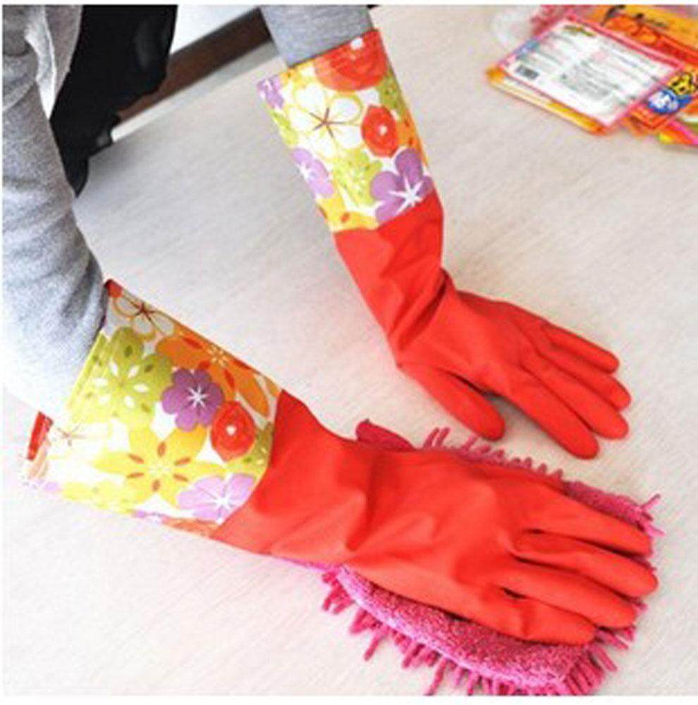Yukufus Satu Lapis Mulut Lebar Karet Sarung Tangan Antiskid Rumah Tangga Laundry Sarung Tangan Cuci Piring (cyan), Pola Acak-Intl